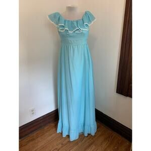 VTG 70s Boho Maxi Dress Blue Polka Dot Prairie Country Ruffle Gunne Handmade